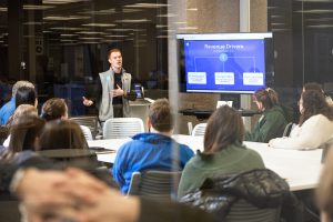 Students collaborate in Blackstone Launchpad in Bird Library as part of the Intelligence ++ workshop.