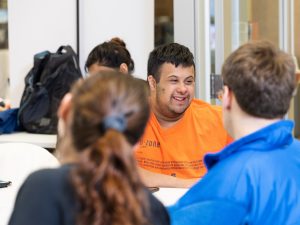 Students collaborate in Blackstone Launchpad in Bird Library as part of the Intelligence ++ workshop.